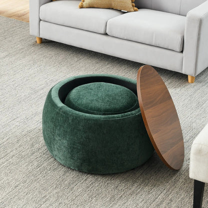 Round green velvet storage ottoman with curved wood end table on Tampa Home & Garden Store