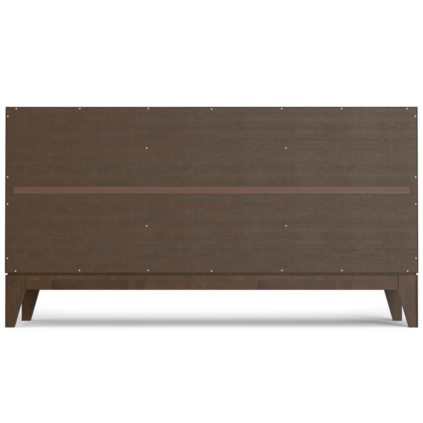 Harper walnut brown 3-door sideboard shown from the back with screws and tapered legs on Tampa Home & Garden Store