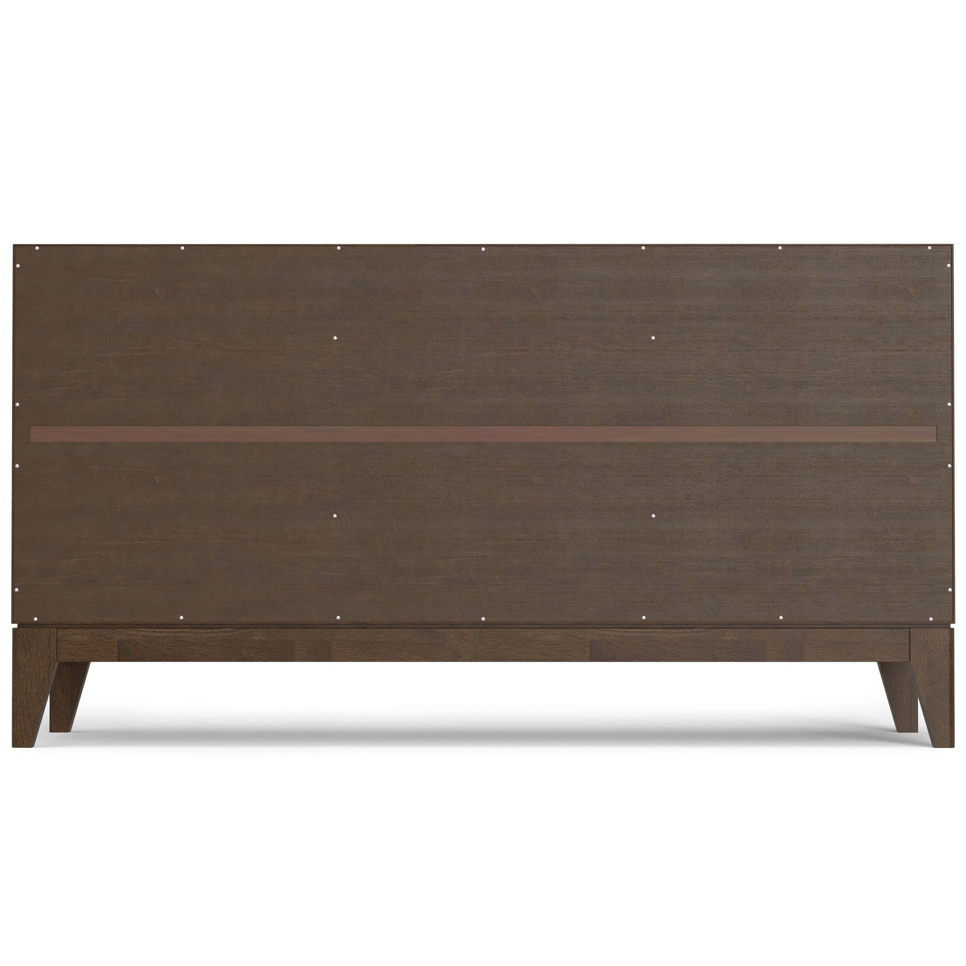 Harper walnut brown 3-door sideboard shown from the back with screws and tapered legs on Tampa Home & Garden Store