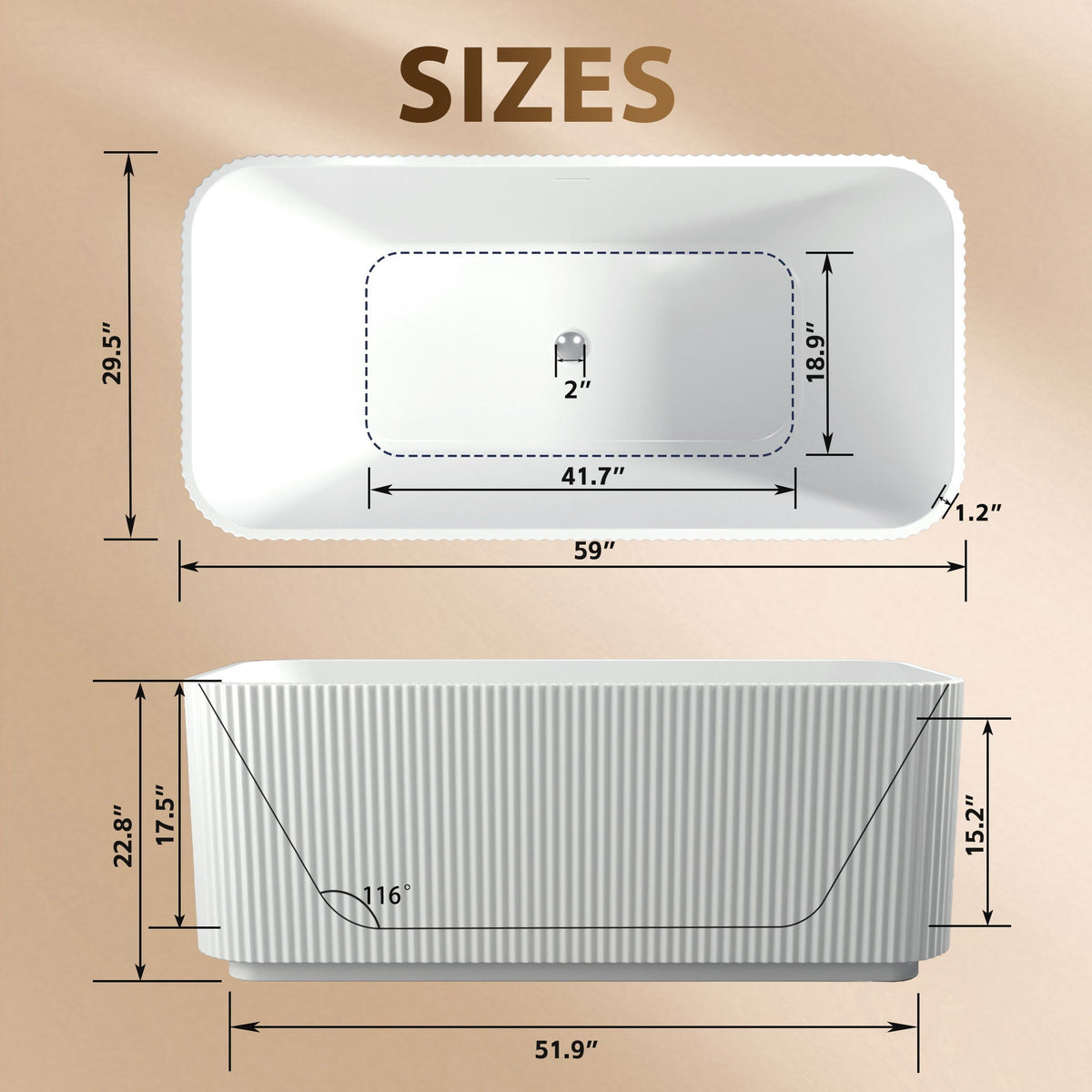HouseOfZazla Linear Freestanding Soaker Tub gloss white, dimensioned top-down diagram on Tampa Home & Garden Store