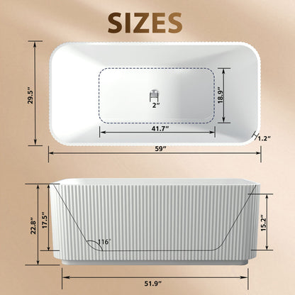 HouseOfZazla Linear Freestanding Soaker Tub gloss white, dimensioned top-down diagram on Tampa Home & Garden Store