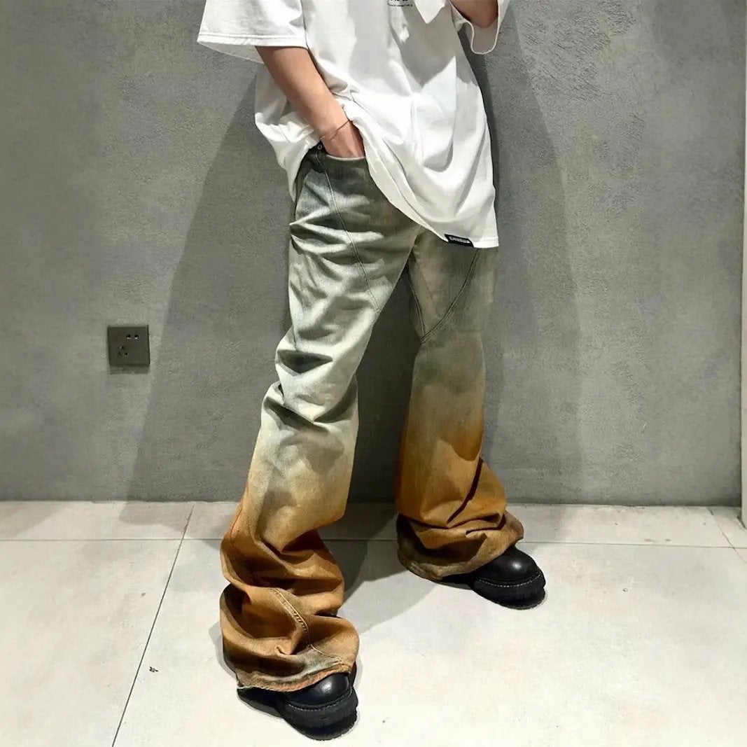 Men's gradient wide-leg distressed casual jeans FLIPSTYLEZLLC gray-to-brown fade on Tampa Home & Garden Store