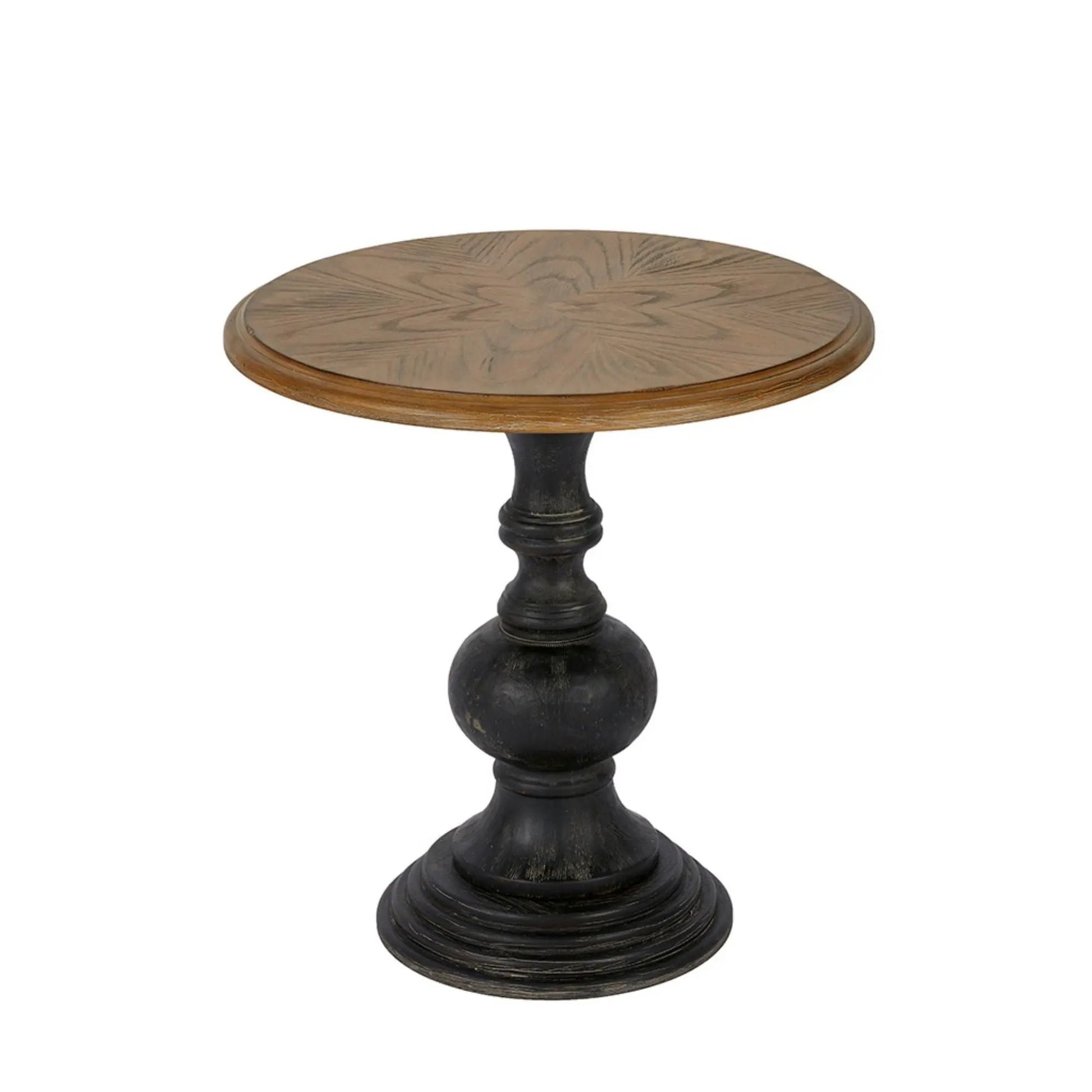 Table With Reclaimed - Natural round accent table with wood grain and dark pedestal base on Tampa Home & Garden Store