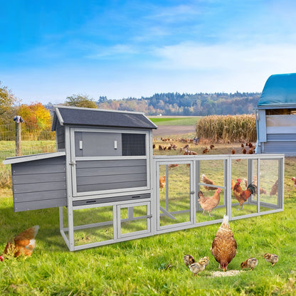 Gray wooden chicken coop with run and nesting box, wire mesh enclosure with hens in a field on Tampa Home & Garden Store