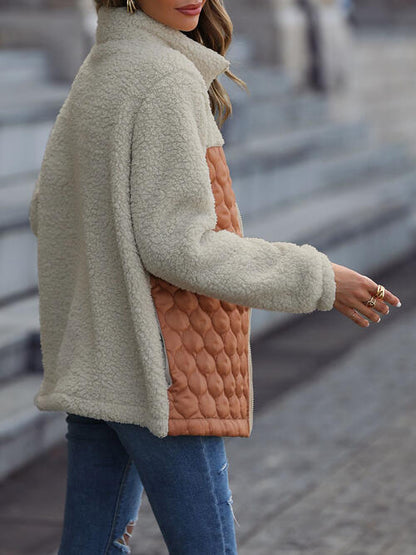 Stevvex color-block zip-up sherpa jacket with beige body and tan quilted panel on Tampa Home & Garden Store