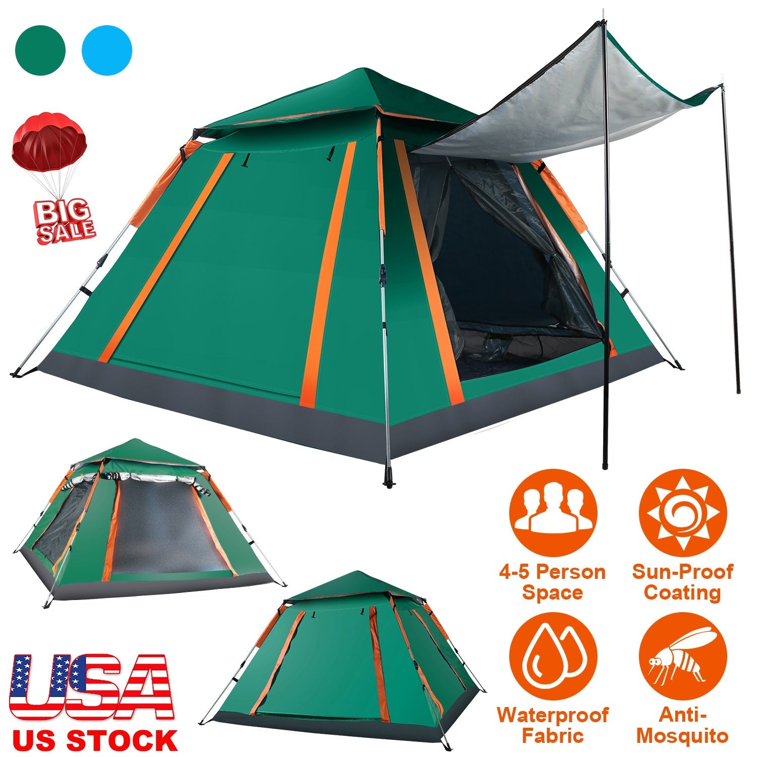 GemGear 4-5 person camping tent green with trim waterproof carrying bag and two mosquito nets on Tampa Home & Garden Store
