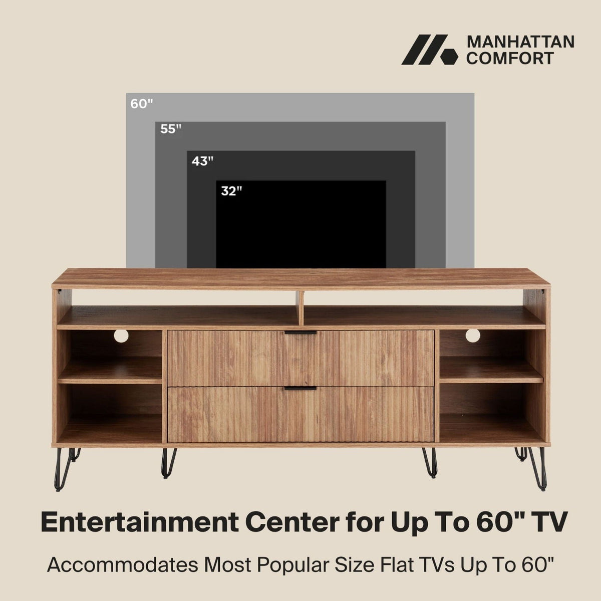 Fluted TV stand with storage and metal legs, woodgrain finish, Manhattan Comfort logo on Tampa Home & Garden Store