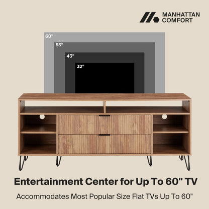 Fluted TV stand with storage and metal legs, woodgrain finish, Manhattan Comfort logo on Tampa Home & Garden Store