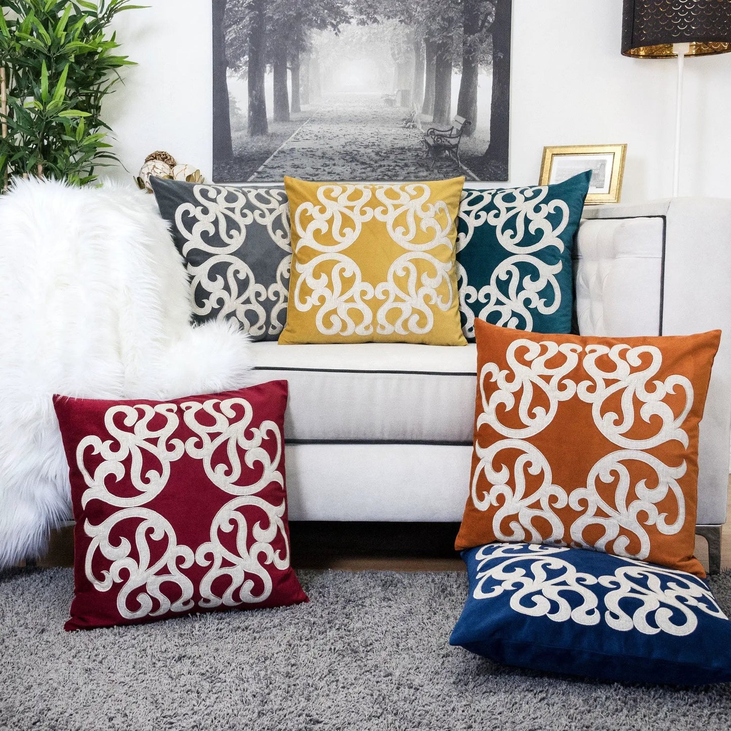 Dora pillow cover with matching back from Unique Piece Furniture; mustard yellow scroll pattern on Tampa Home & Garden Store