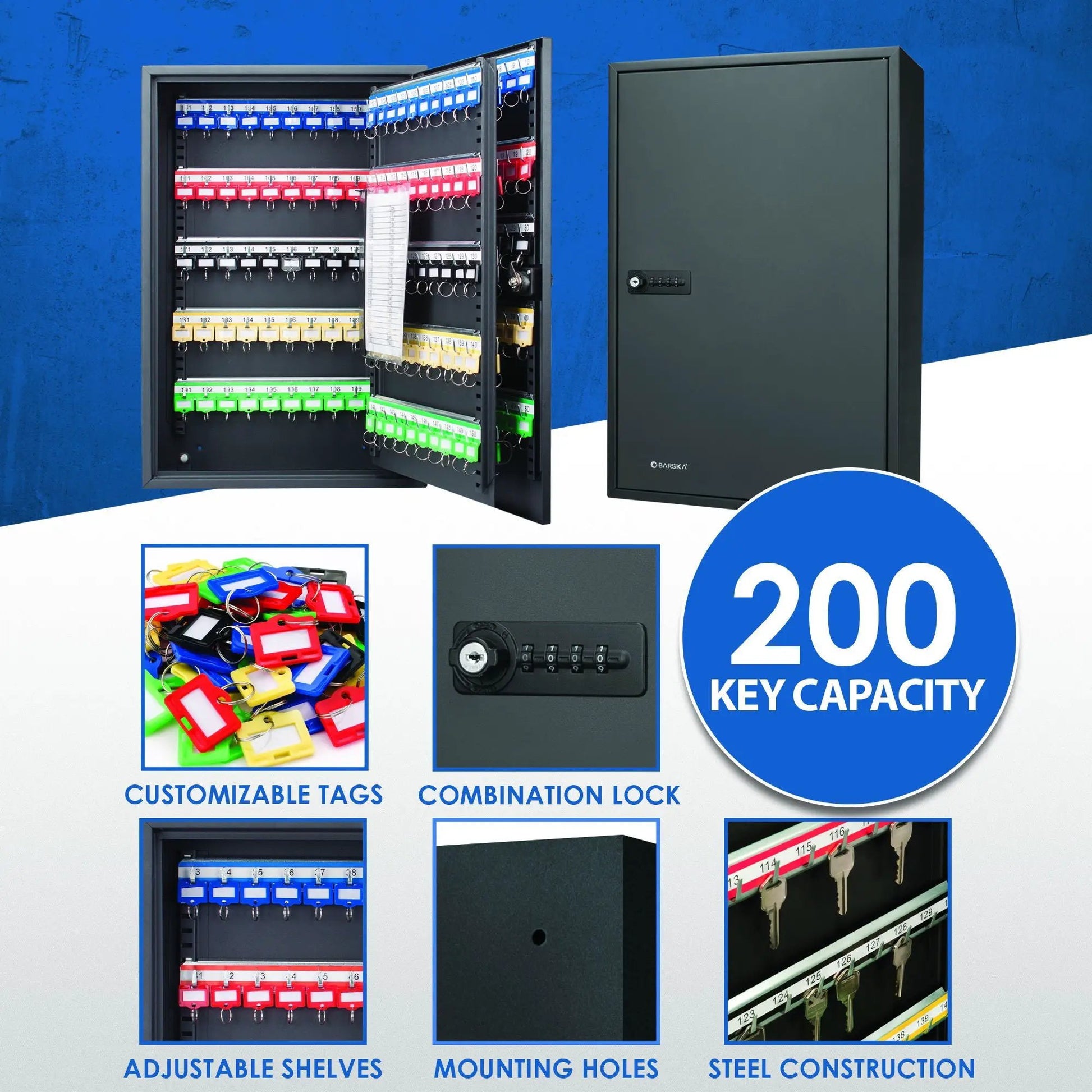Adjustable key cabinet with combination lock; steel wall unit Unique Piece, 200 key capacity on Tampa Home & Garden Store