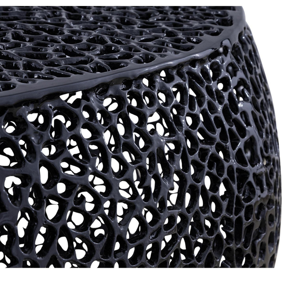 Oval coffee table with black openwork aluminum frame and lattice pattern on Tampa Home & Garden Store