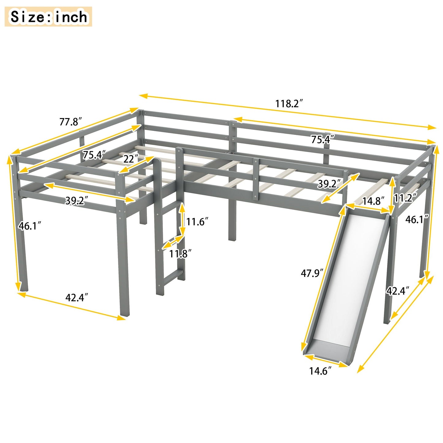 L Shaped Loft Bed With Ladder And Slide by HouseOfZazla, gray metal loft bed with ladder on Tampa Home & Garden Store