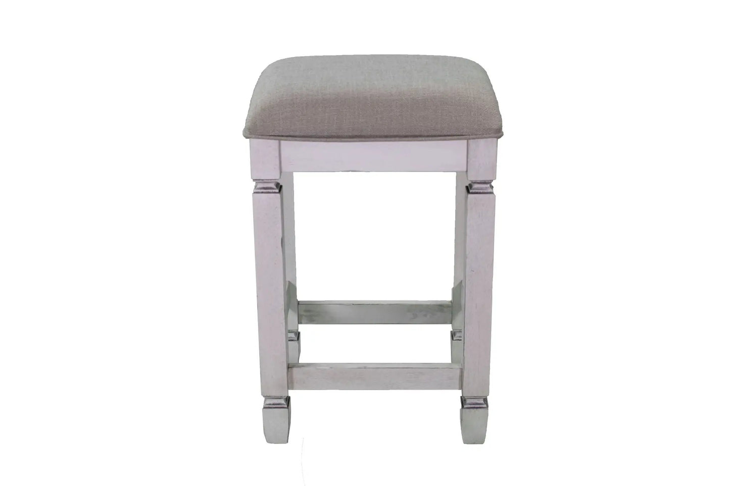 Stool from antique white console table set, upholstered gray cushion, wooden legs on Tampa Home & Garden Store
