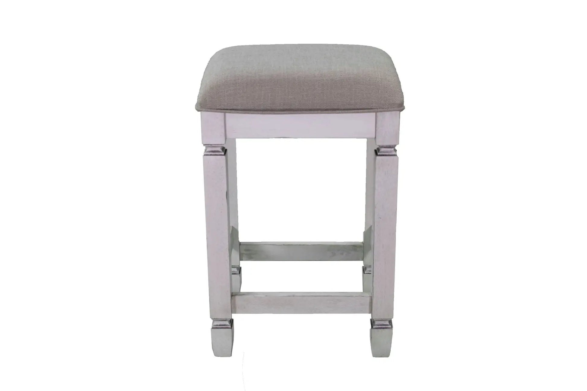 Stool from antique white console table set, upholstered gray cushion, wooden legs on Tampa Home & Garden Store