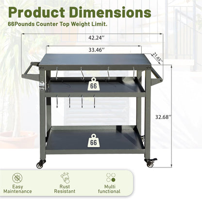 Outdoor Grill Table with 3 Shelves and Wheels