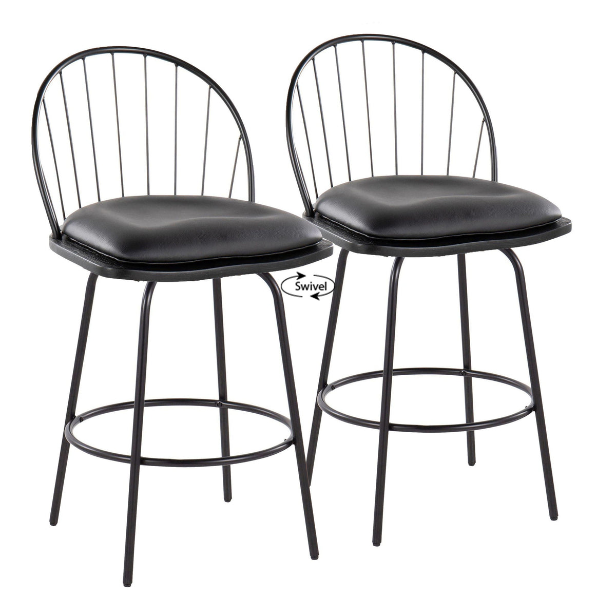 Farmhouse counter stool set with swivel, black metal frames and round footrests, set of 2 on Tampa Home & Garden Store