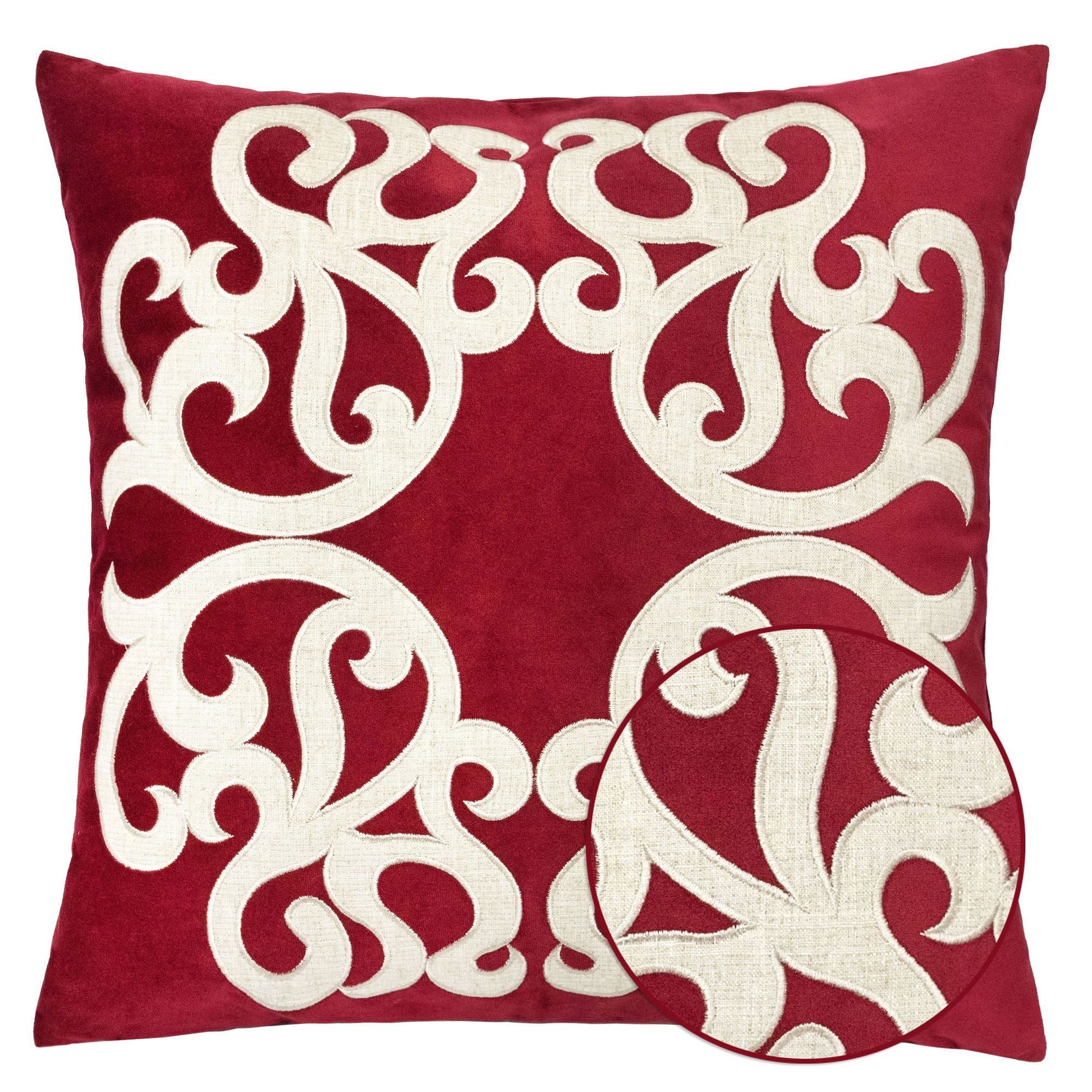 Dora Pillow Cover With Matching Back red velvet white scroll embroidery Unique Piece Furniture on Tampa Home & Garden Store