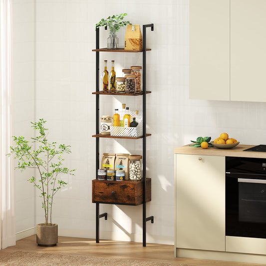 5-Tier Ladder Bookcase with Drawer and Metal Frame for Study Home Office-Rustic Brown - Tampa Home & Garden Store