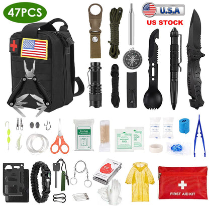 GemGear 47-piece Emergency Survival Kit in black pouch with US flag patch on Tampa Home & Garden Store