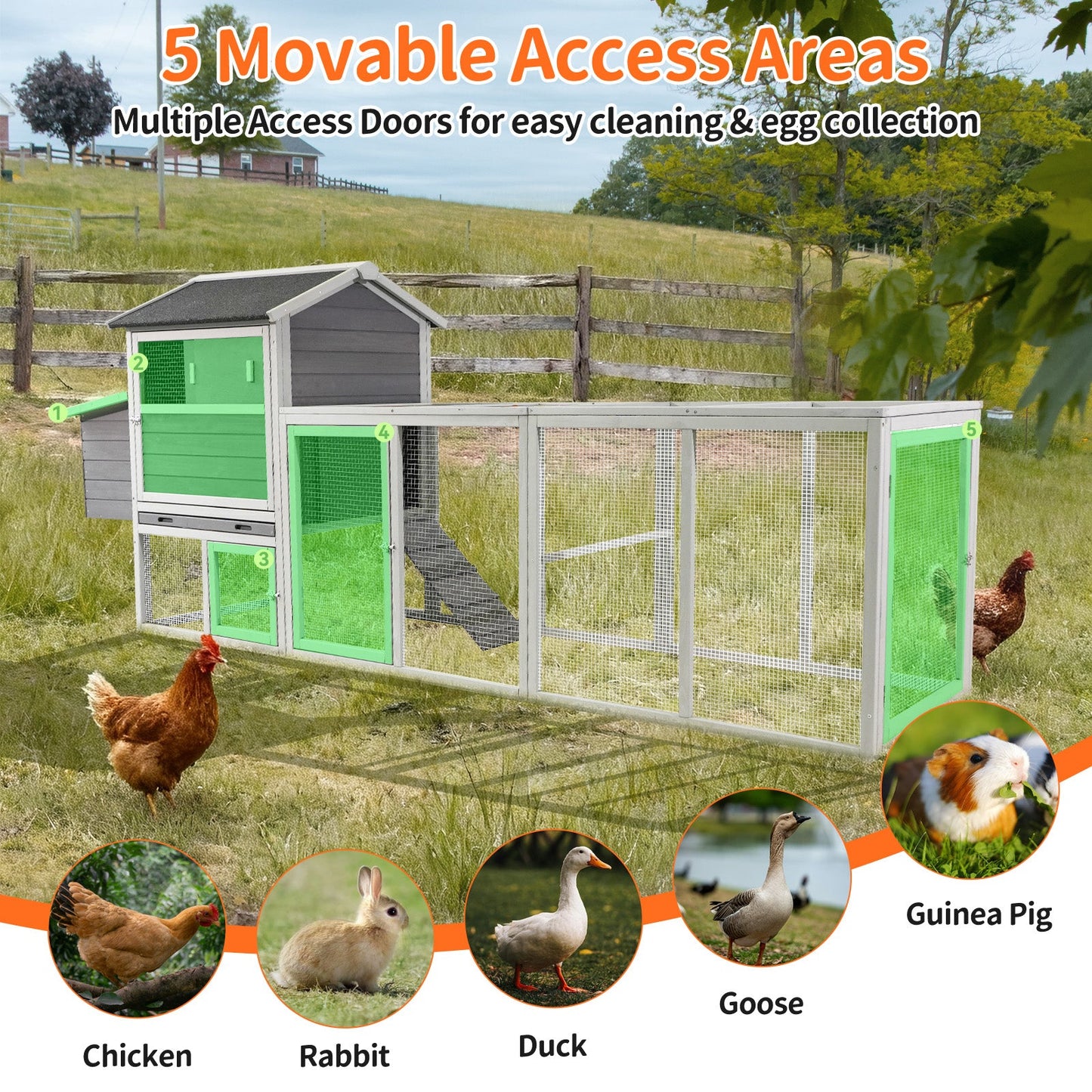 HouseOfZazla gray wooden chicken coop with run and nesting box, green mesh panels on Tampa Home & Garden Store