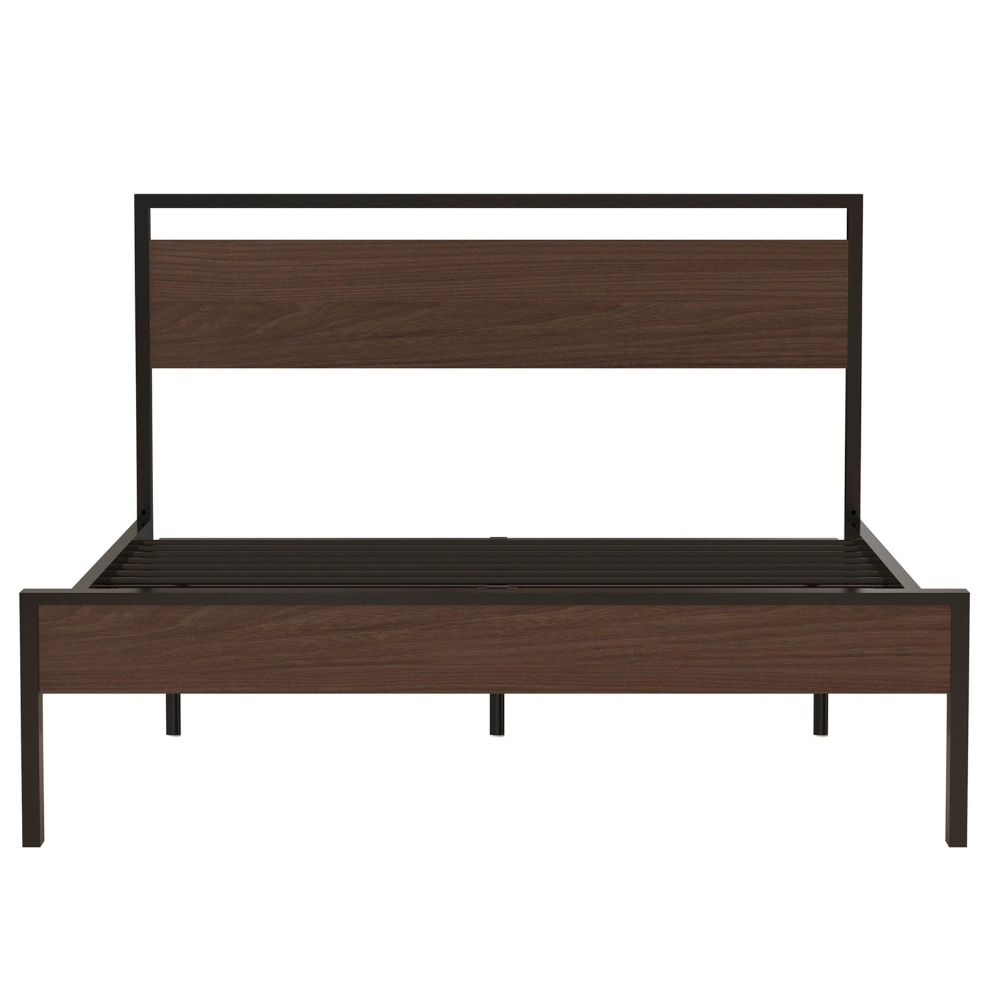 Ceres metal bed with wood headboard and footboard; black frame with dark wood panel on Tampa Home & Garden Store