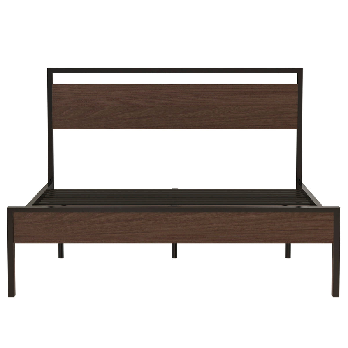 Ceres metal bed with wood headboard and footboard; black frame with dark wood panel on Tampa Home & Garden Store