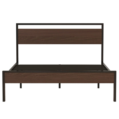 Ceres metal bed with wood headboard and footboard; black frame with dark wood panel on Tampa Home & Garden Store