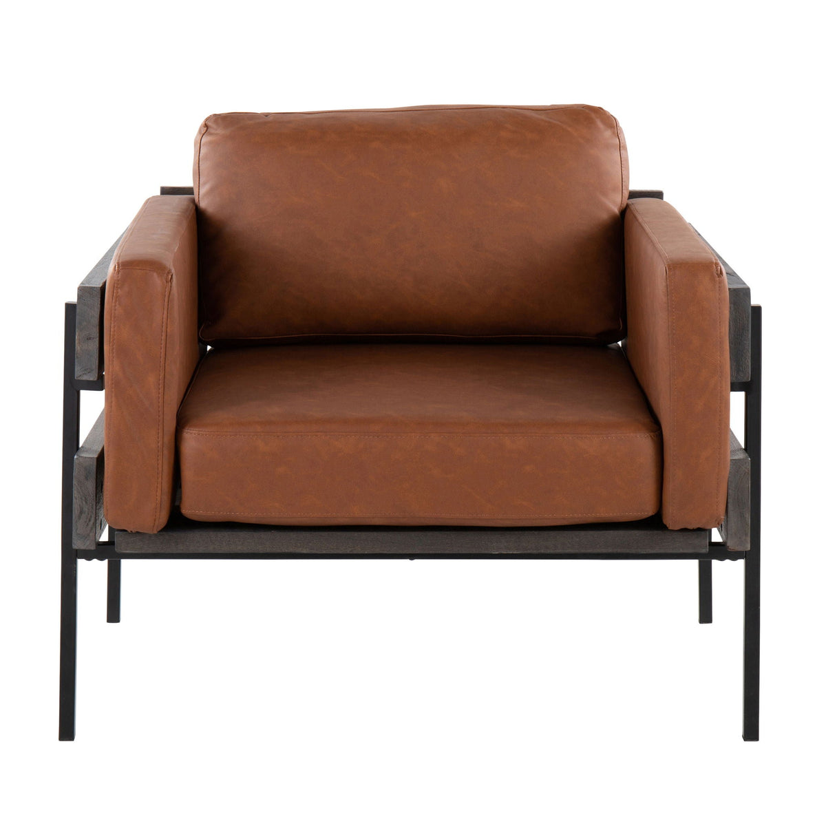Farmhouse accent chair Kari with brown leather cushions and black metal base HouseOfZazla on Tampa Home & Garden Store