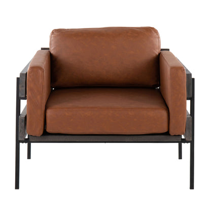 Farmhouse accent chair Kari with brown leather cushions and black metal base HouseOfZazla on Tampa Home & Garden Store