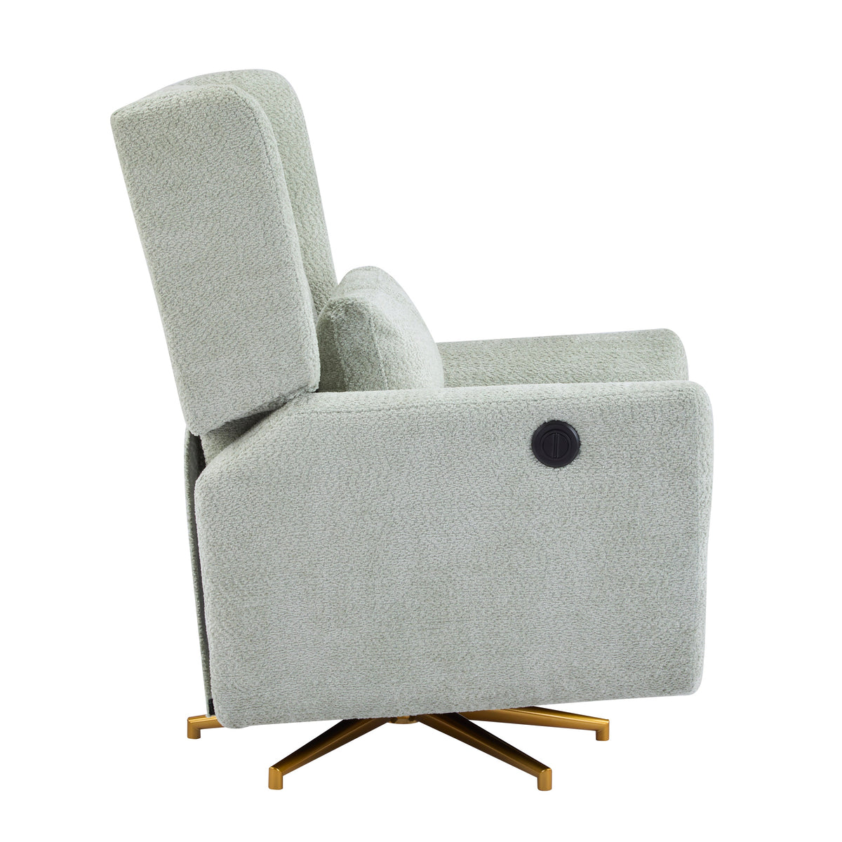 Power recliner chair with boucle upholstery in light gray and a 360° swivel gold-tone base on Tampa Home & Garden Store