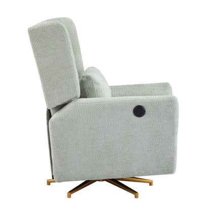 Power recliner chair with boucle upholstery in light gray and a 360° swivel gold-tone base on Tampa Home & Garden Store