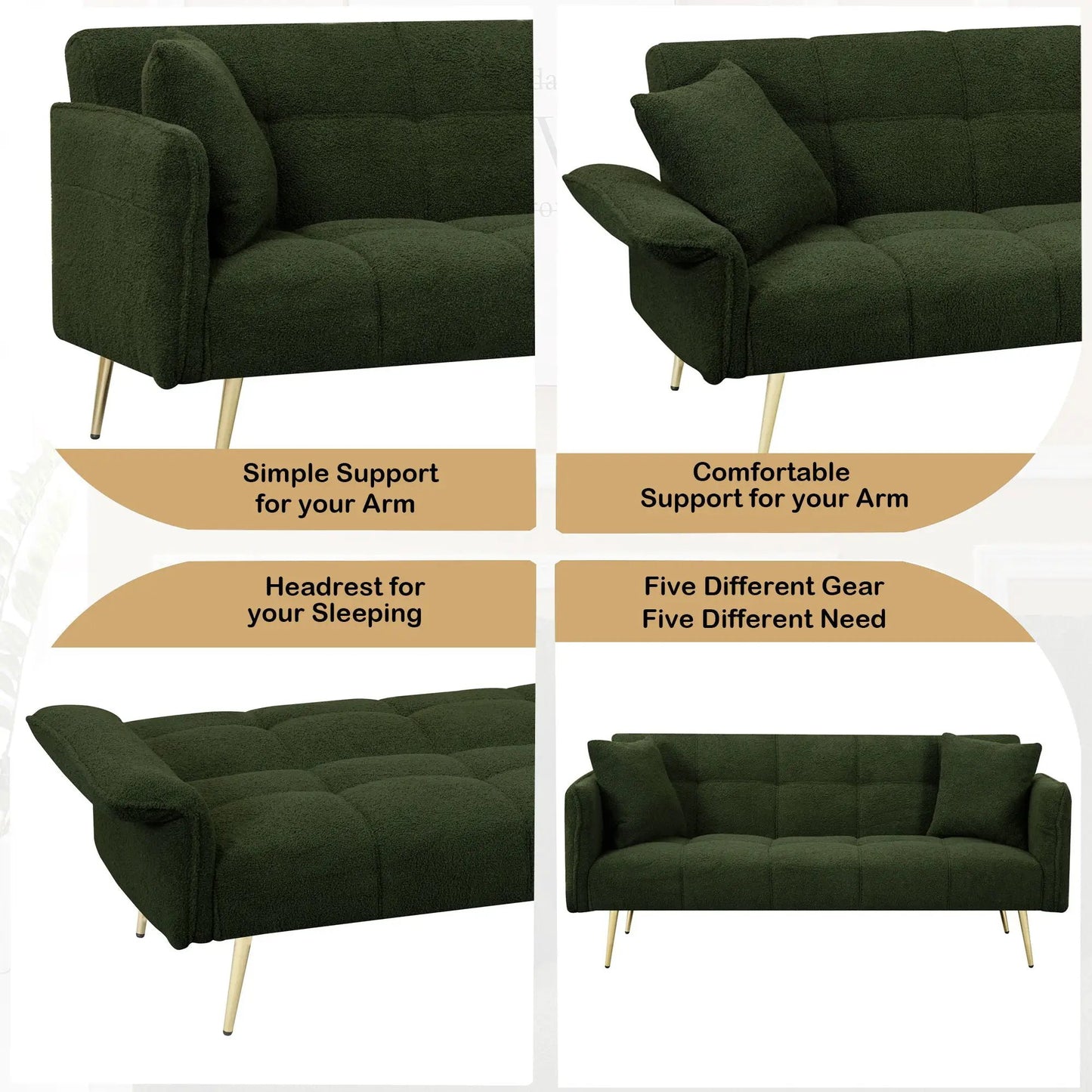 Convertible Double Futon Sofa Bed Unique Piece Furniture green boucle with folding arms on Tampa Home & Garden Store