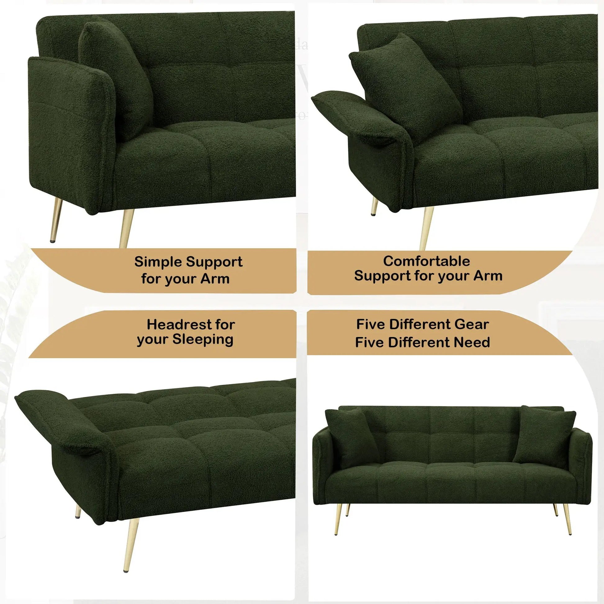 Convertible Double Futon Sofa Bed Unique Piece Furniture green boucle with folding arms on Tampa Home & Garden Store