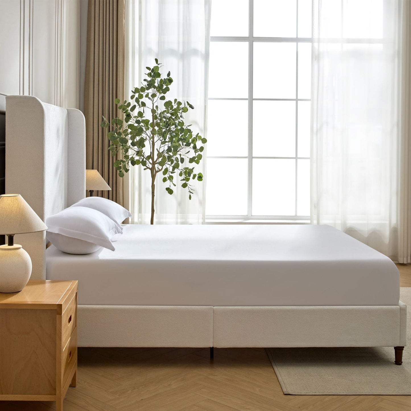 Harper Tall Headboard Upholstered Bed in cream fabric no box spring HouseOfZazla on Tampa Home & Garden Store