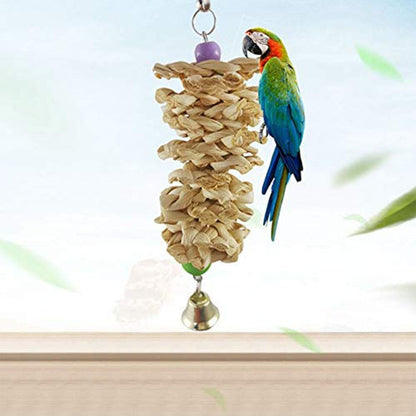 Bird parrot toy with bell and natural wooden grass bite hanging cage beside a colorful parrot on Tampa Home & Garden Store