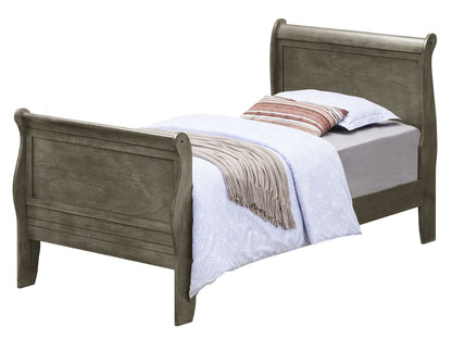 Panel Sleigh Bed by HouseOfZazla in weathered gray wood finish with light bedding on Tampa Home & Garden Store