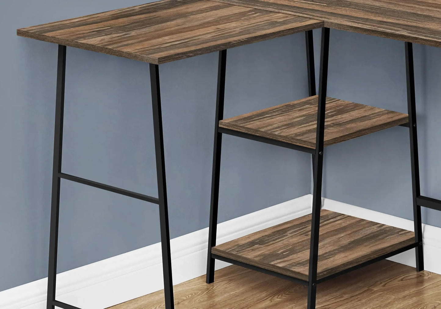 Corner desk with brown woodgrain top, black metal frame, open shelves, L-shaped modern design on Tampa Home & Garden Store