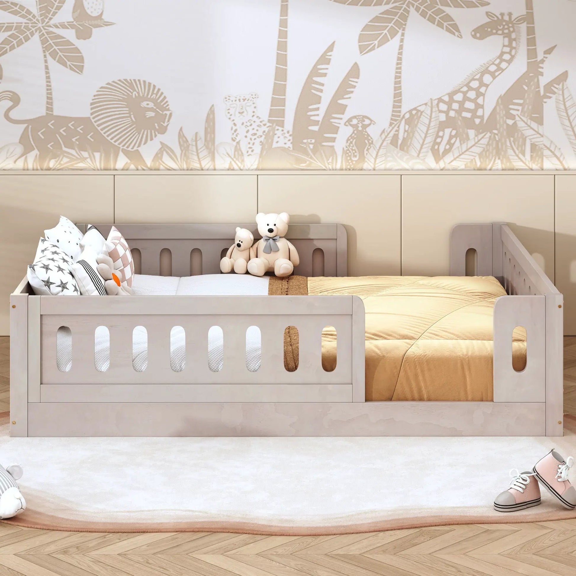 Light wood platform bed with guardrail by Unique Piece Furniture in nursery on Tampa Home & Garden Store