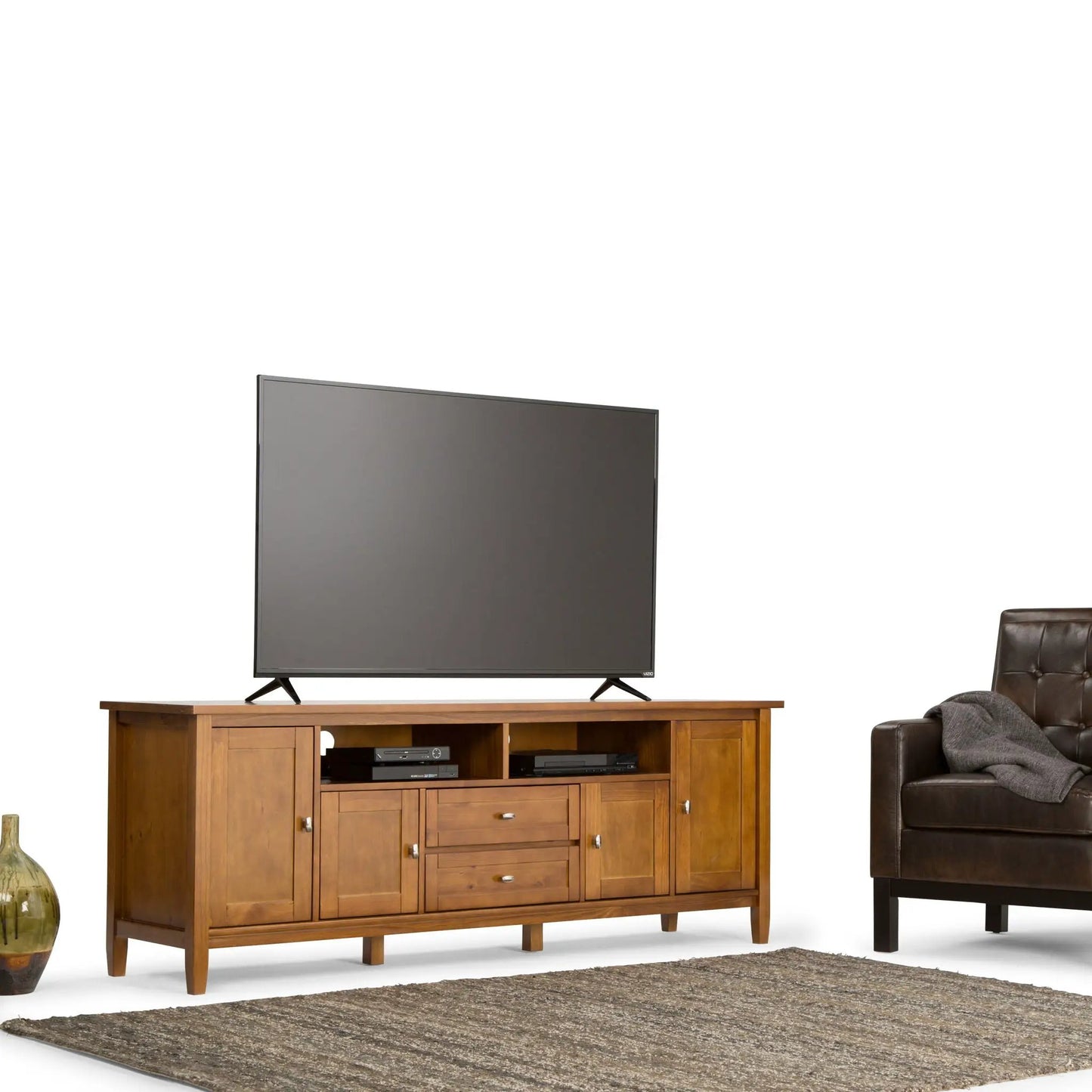 Warm Shaker TV media stand with open shelves and drawers in walnut by Unique Piece Furniture on Tampa Home & Garden Store