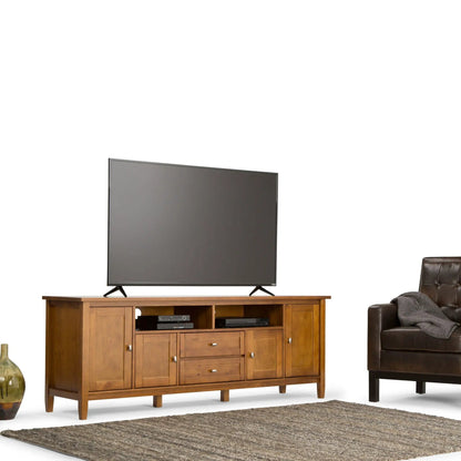 Warm Shaker TV media stand with open shelves and drawers in walnut by Unique Piece Furniture on Tampa Home & Garden Store