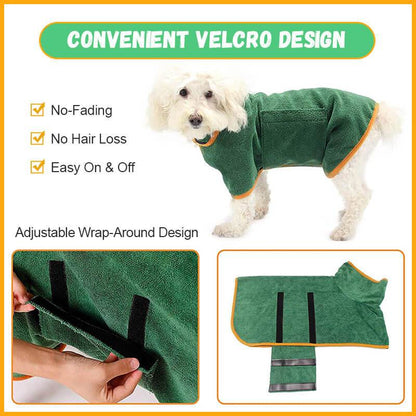 Absorbent Pet Bathrobe with Waist-wrapped Microfiber, green dog robe with orange trim on Tampa Home & Garden Store