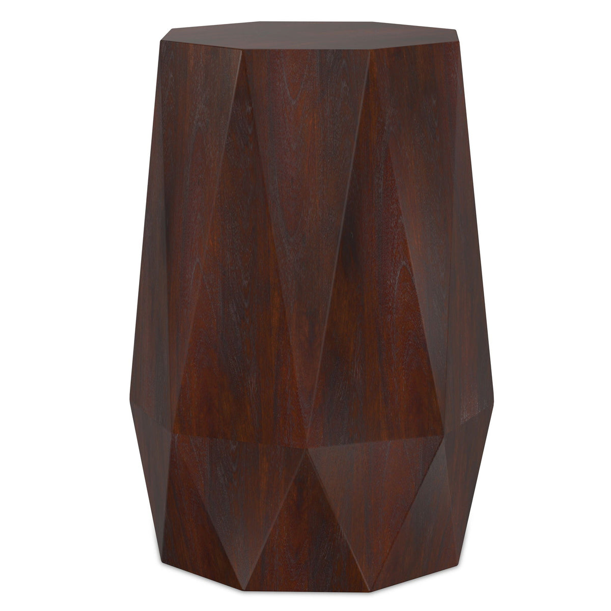 Solid acacia wood side table with sculptural faceted geometry in dark brown by HouseOfZazla on Tampa Home & Garden Store