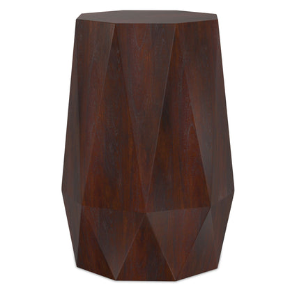 Solid acacia wood side table with sculptural faceted geometry in dark brown by HouseOfZazla on Tampa Home & Garden Store
