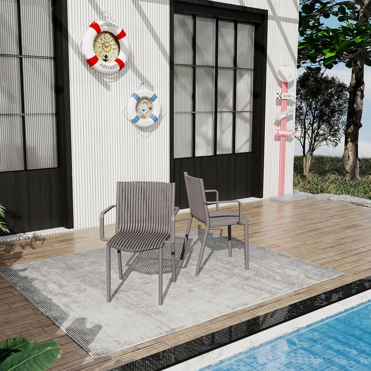 4-piece stackable outdoor chairs with vertical slat design in grey all-weather material on Tampa Home & Garden Store