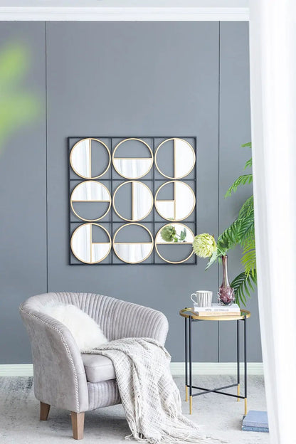 Accent mirrors grid wall art with gold-rimmed beaded circles in a black metal frame on Tampa Home & Garden Store
