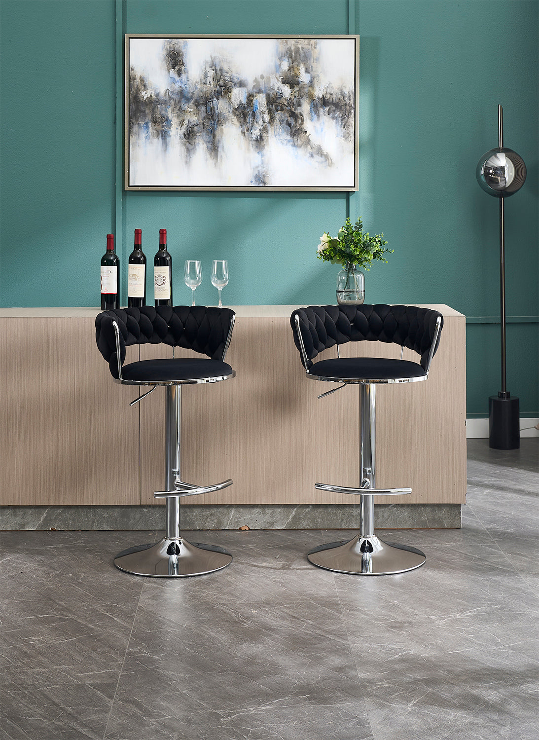 Bar stools set, 2-pack by HouseOfZazla, modern black tufted foam seats with chrome bases on Tampa Home & Garden Store