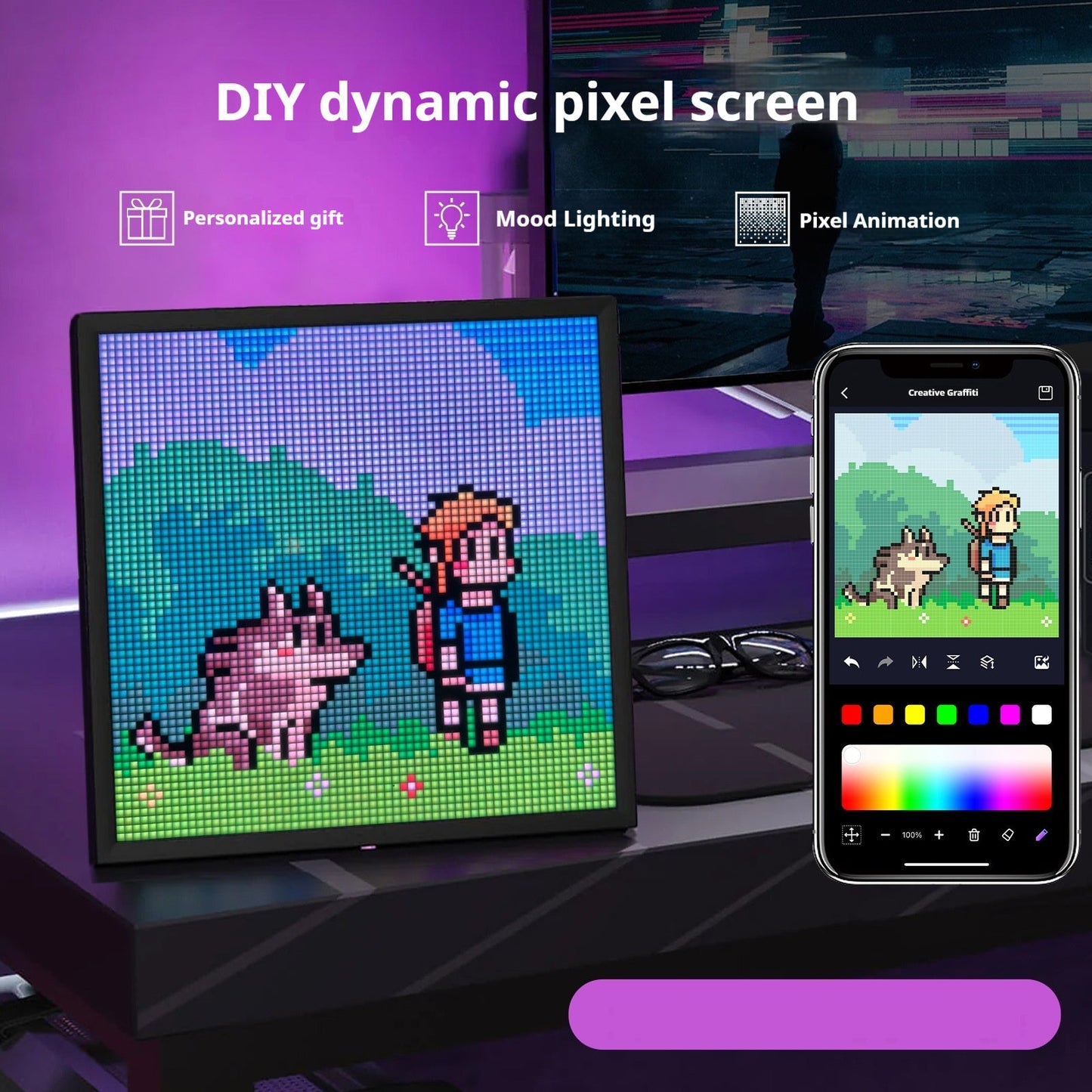 Bluetooth LED graffiti pixel screen desktop frame for DIY photos and mood lighting on Tampa Home & Garden Store