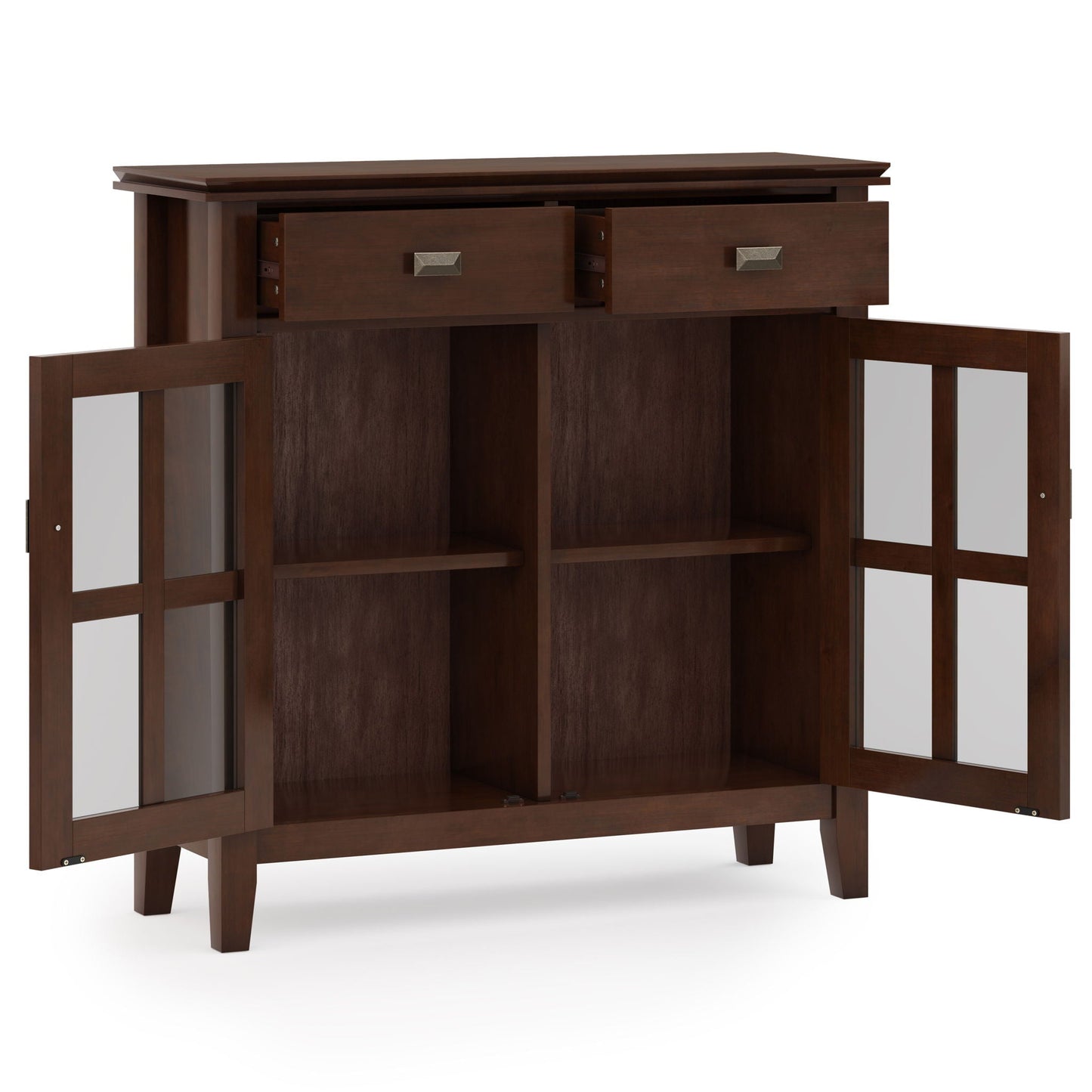 Artisan entryway storage cabinet Russet Brown with two top drawers and open midsection on Tampa Home & Garden Store