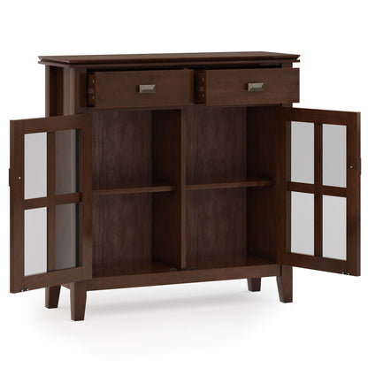 Artisan entryway storage cabinet Russet Brown with two top drawers and open midsection on Tampa Home & Garden Store