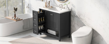 36-inch dark gray bathroom vanity with white sink top and open lower shelf on Tampa Home & Garden Store